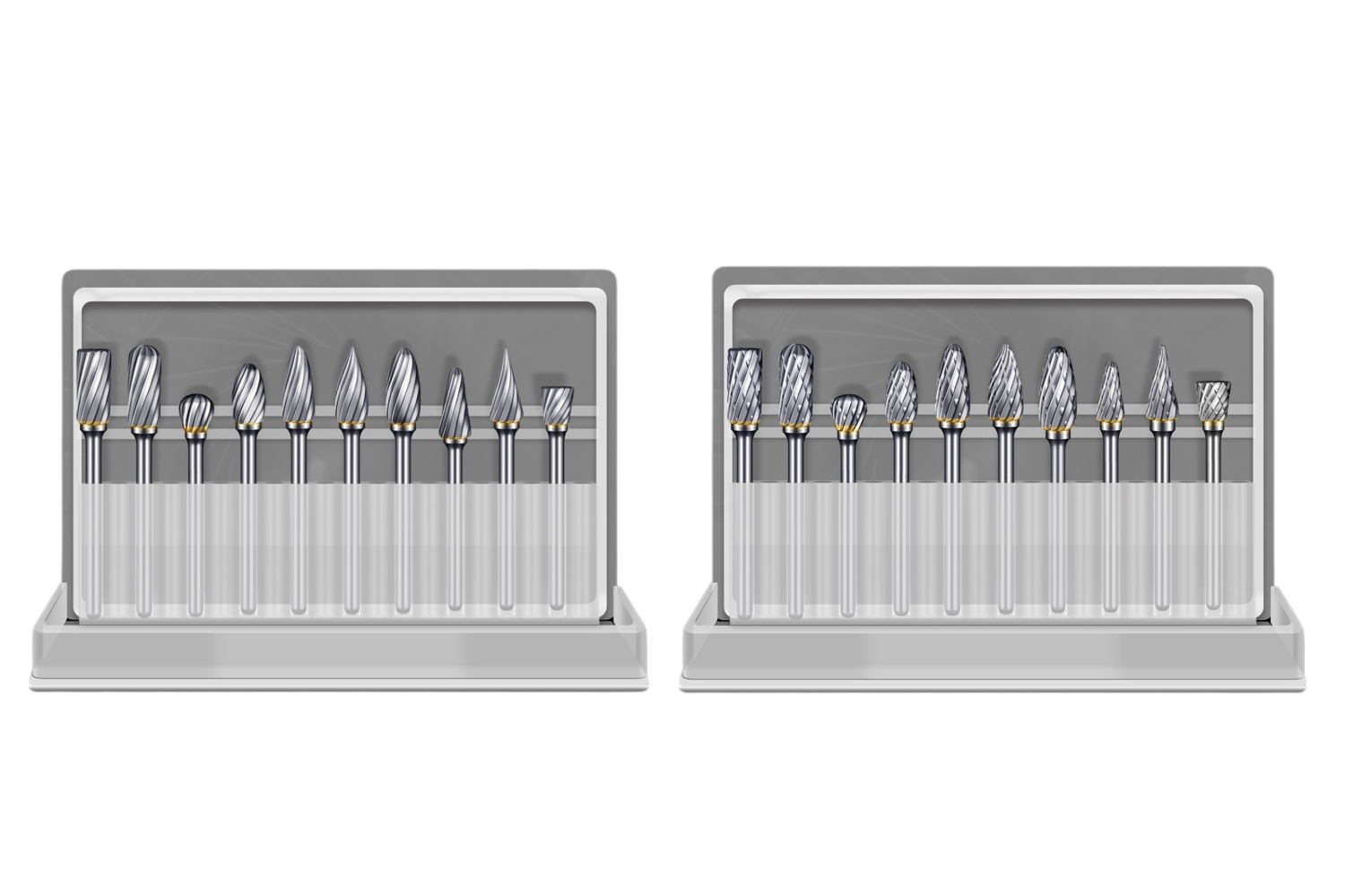 Tungsten carbide rotary files showing various head shapes