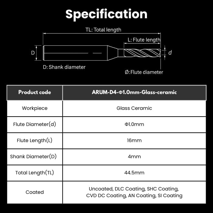 ARUM-R10RC16D4TL445-GC ARUM Compatible Glass Ceramic Milling Bur 1.0 mm