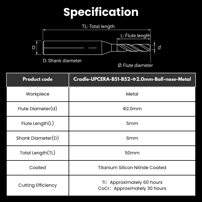 CRD-R20RC5D6TL50-BallNose-Metal Cradle Compatible Metal Milling Bur 2.0 mm