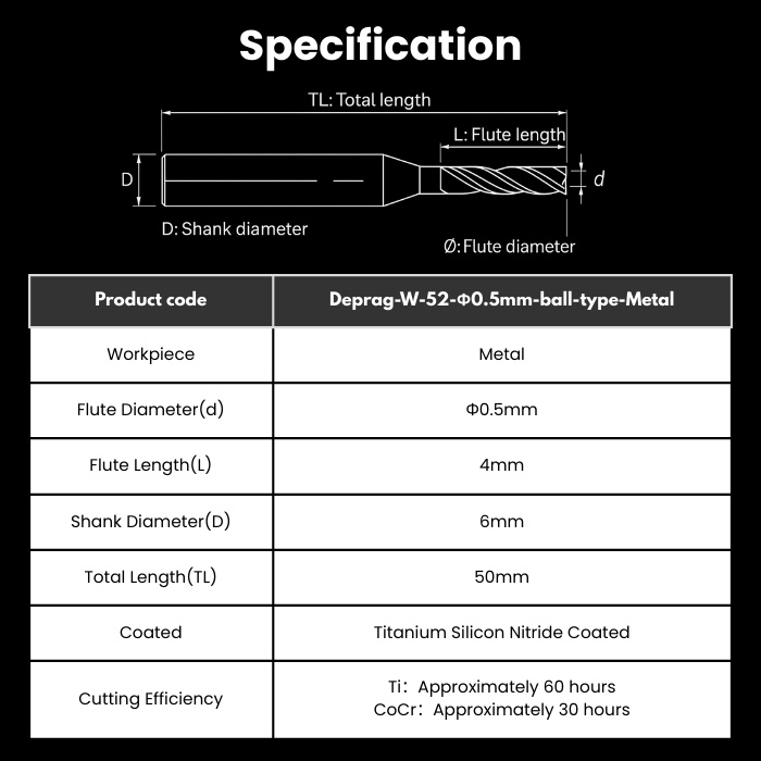 DEP-R05RC4D6TL50-Ball-Metal Deprag Compatible Metal Milling Bur 0.5 mm