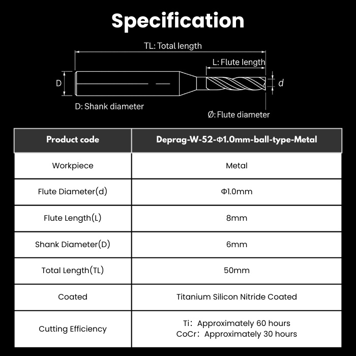 DEP-R10RC8D6TL50-Ball-Metal Deprag Compatible Metal Milling Bur 1.0 mm