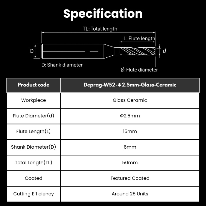DEP-R25RC15D6TL50-GC Deprag Compatible Glass Ceramic Milling Bur 2.5 mm