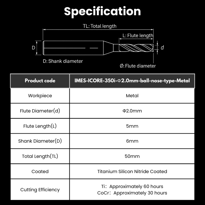IC-R20RC5D6TL50-BallNose-Metal imes-icore Compatible Metal Milling Bur 2.0 mm