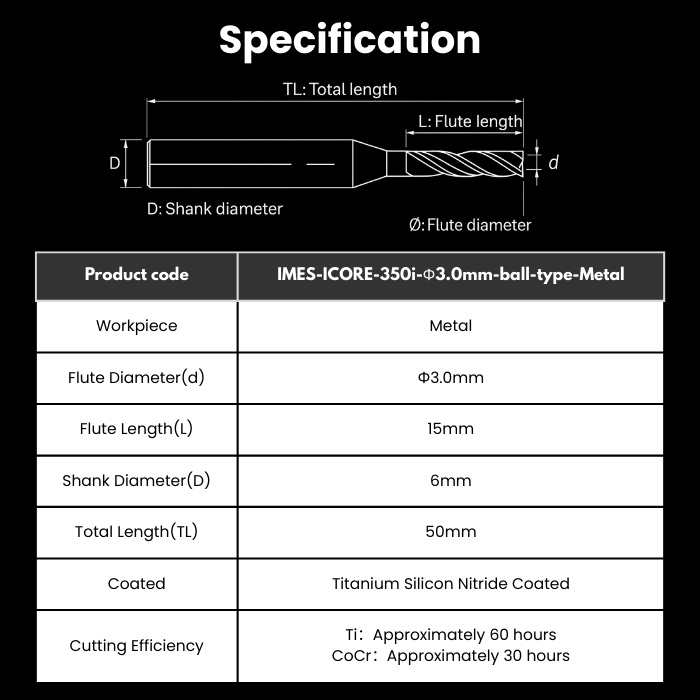 IC-R30RC15D6TL50-Ball-Metal imes-icore Compatible Metal Milling Bur 3.0 mm
