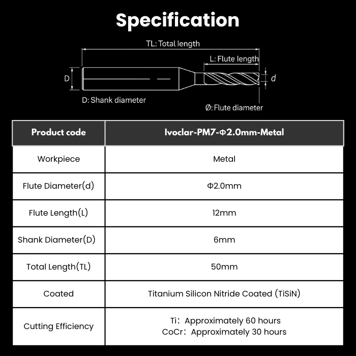 IV-R20RC12D6TL50-Metal Ivoclar Compatible Metal Milling Bur 2.0 mm
