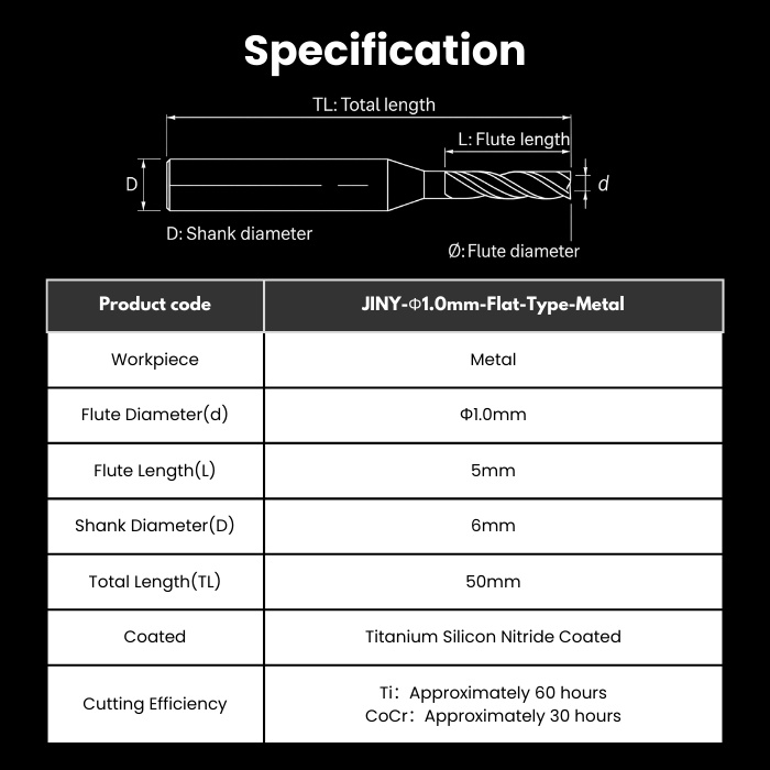JIC-R10RC5D6TL50-Flat-Metal JINY Compatible Metal Milling Bur 1.0 mm