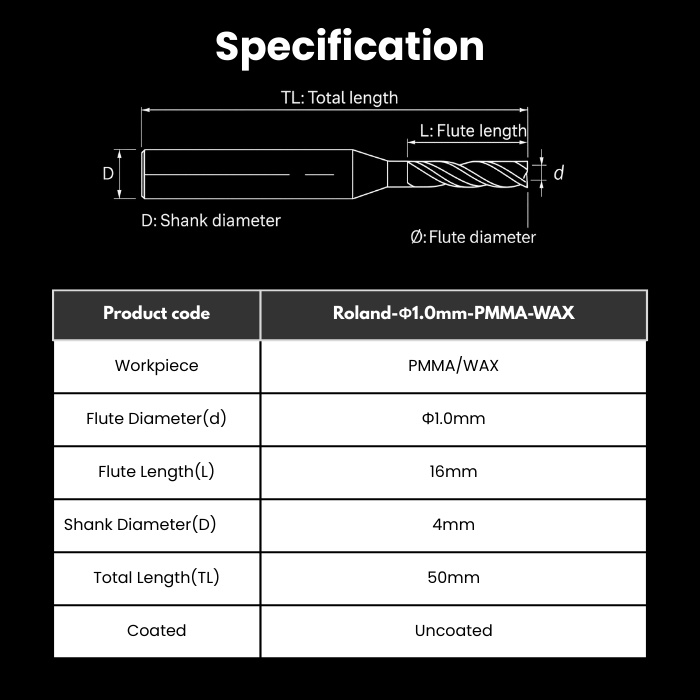 RL-R10RC16D4TL50-PMMA Roland Compatible PMMA / WAX Milling Bur 1.0 mm