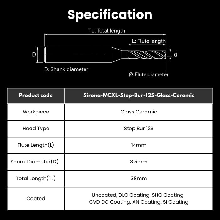 Sirona-R14RC14D35TL38-GC Sirona Compatible Glass Ceramic Step Bur 12S Milling Bur 1.4 mm