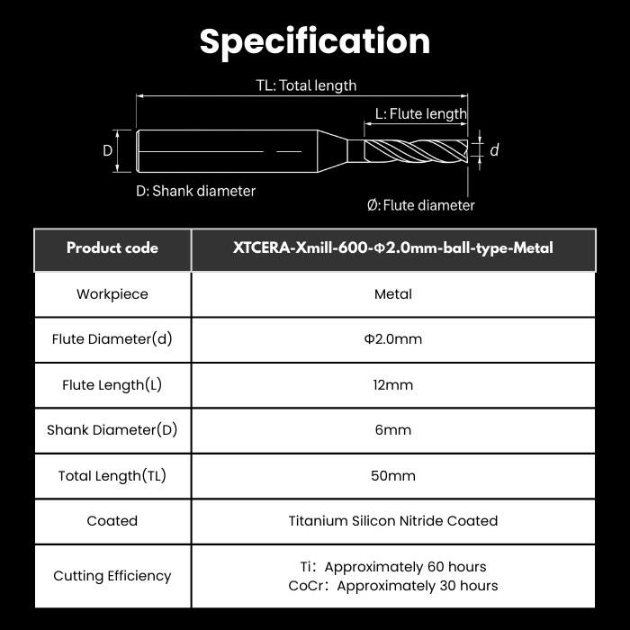 Xmill-T2-R20RC12D6TL50-Ball-Metal XTCERA Compatible Metal Milling Bur 2.0 mm