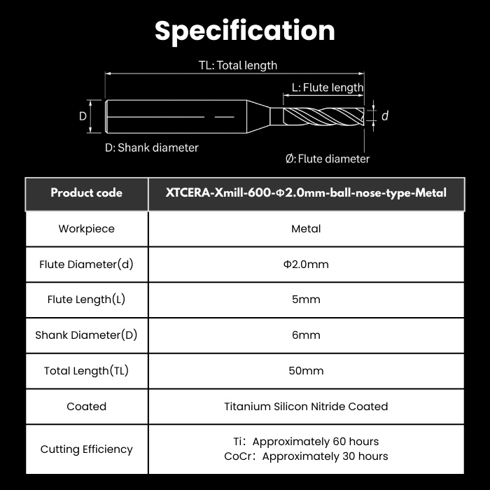 Xmill-R20RC5D6TL50-BallNose-Metal XTCERA Compatible Metal Milling Bur 2.0 mm
