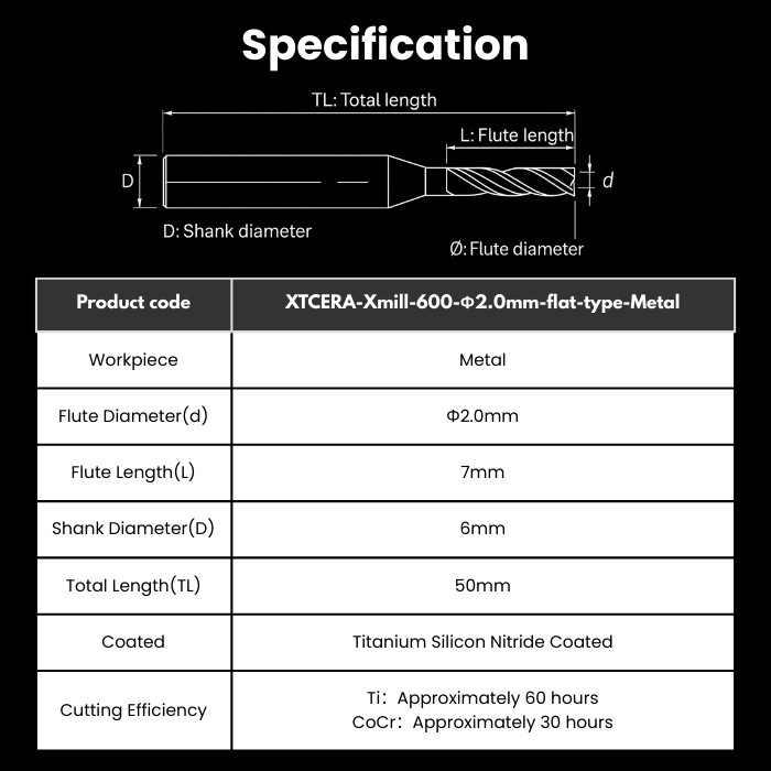 Xmill-R20RC7D6TL50-Flat-Metal XTCERA Compatible Metal Milling Bur 2.0 mm