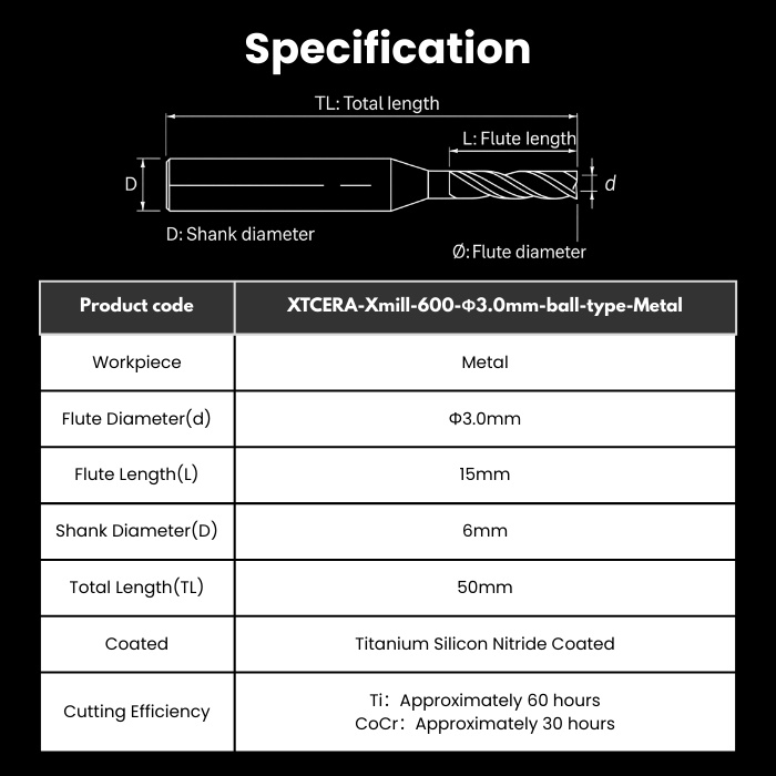 Xmill-T1-R30RC15D6TL50-Ball-Metal XTCERA Compatible Metal Milling Bur 3.0 mm