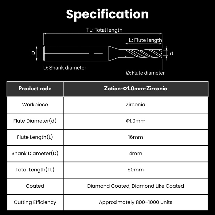 ZTN-R10RC16D4TL50-Zir Zotion Compatible Zirconia DC Coated Milling Bur 1.0 mm