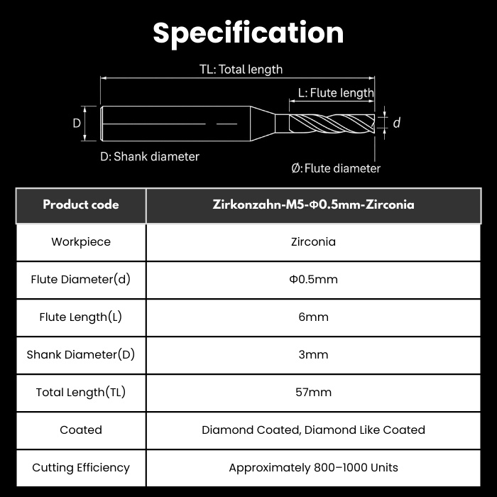 ZZ-R05RC6D3TL57-Zir Zirkonzahn Compatible Zirconia DC Coated Milling Bur 0.5 mm