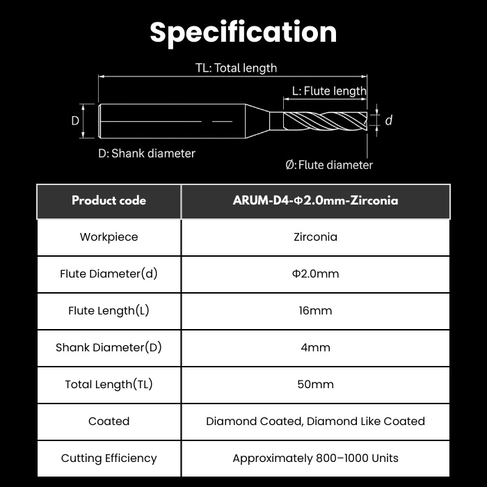 ARUM-R20RC16D4TL50-Zir ARUM Compatible Zirconia DC Coated Milling Bur 2.0 mm