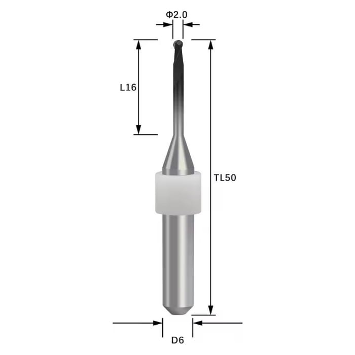 LNY-R20RC16D6TL50-Zir LNY Compatible Zirconia DC Coated Milling Bur 2.0 mm