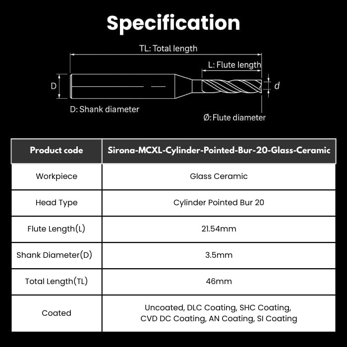 Sirona-RC2154D35TL46-CylinderPointed-GC Sirona Compatible Glass Ceramic Cylinder Pointed Bur 20 Milling Bur
