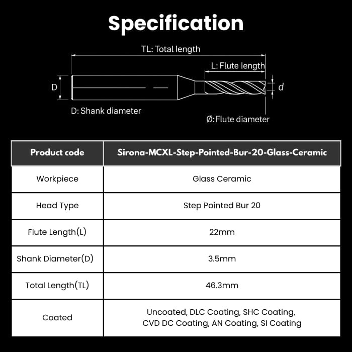 Sirona-RC22D35TL463-StepPointed-GC Sirona Compatible Glass Ceramic Step Pointed Bur 20 Milling Bur